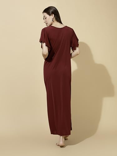 Image of 9shines Label Stylish Soft Modal Maxi Nighty | Honeymoon Nighty | Full Length Trendy Nightgown | V-Neck Lace | Premium Nightdress | Soft Long Nightdress | Maxi Gown Nightwear for Women (Malai Satin)