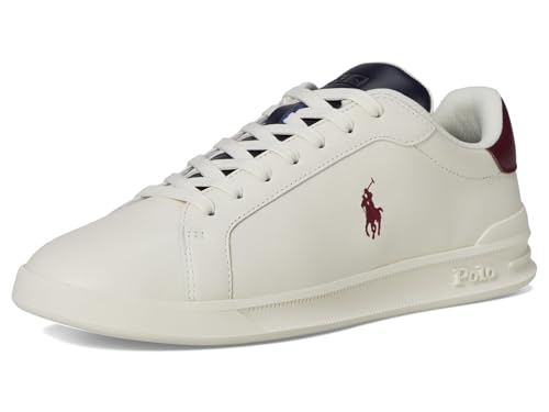 Image of POLO RALPH LAUREN, Men's, Heritage Court II Leather Sneakers, White /Navy /Wine, 7, Medium