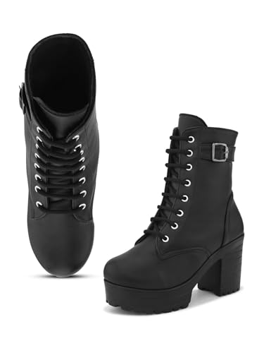 Image of XE Looks 100% Vegan Leather Women's Lace-Up Chunky Heel Ankle Boots with Buckle Detail | Trendy, Lightweight, Stylish, Comfortable and Soft, Trendy Heel Boots for Girls & Women