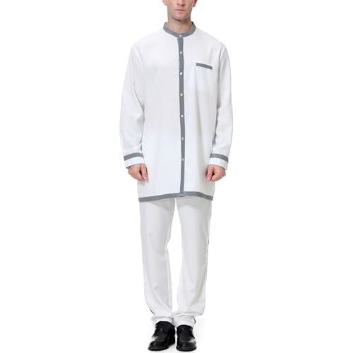 Traje de 2 piezas para hombre – Camisa con botones de manga larga y pantalón – Traje étnico tradicional – Conjunto de pijama étnico de 2 piezas para hombre – Ropa india, blanco, XXL