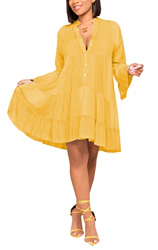 Image of FairyLove Women Wedding Ruffle Dresses Flowy Puffy with Deep V Neck Pleated Hem Lantern Long Sleeve Bell Sleeves