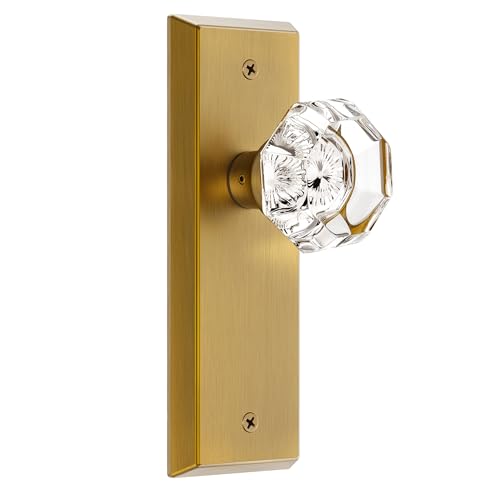 Image of Glass Door Knobs for Interior Doors - Vintage Crystal Passage Closet & Hallway Door Knob - Diamond Cut Door Handle - Antique Brass Finish (1 Pack 7 Inch Height)