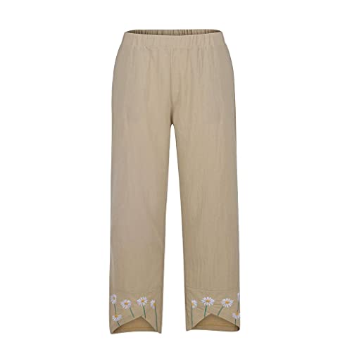 Women Boho Trousers Leg Waist Cotton Women Embroidery Print Linen Pants Daisy Elastic Casual Wide Pants4
