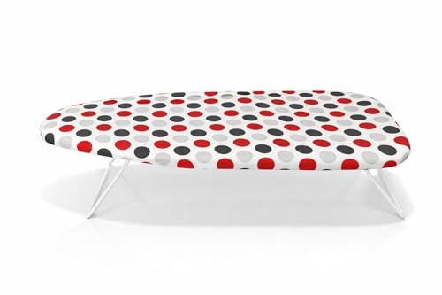 Nordiq - Tabla de Planchar Pequeña Plegable de Sobremesa | 75 x 34 cm | Mesa de Planchado de Ropa, Estructura Resistente, Ergonómica y Fácil de Guardar | Gancho para Colgar (Rojo | Círculos)