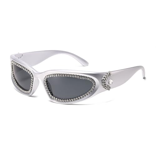 LJCZKA Y2K Rhinestone Wrap Around Sunglasses for Women Men Diamond Oval Sun Glasses Trendy Bling Punk Shield Shades