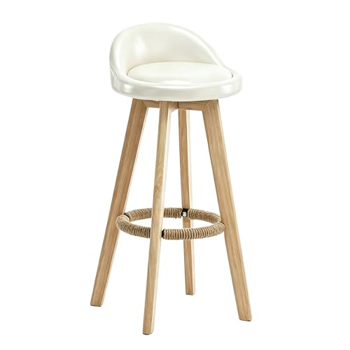 Taburete de Bar de Madera Maciza con Función de Giro de 360°, Silla de Bar Tapizada en Cuero PU con Reposapiés de Cuerda de Cáñamo, Taburete de Bar Moderno #2,73cm