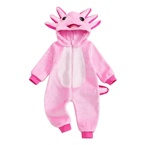 Infant Baby Girl Pink Dinosaur Clothes Axolotl Long Sleeve Zip Up Furry Hooded Romper Jumpsuit Outfits