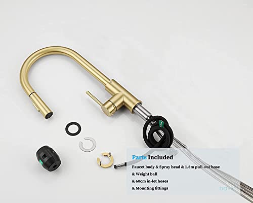 Havin Gold Kitchen Faucet with Pull Down Sprayer, High Arc Stainless Steel Material, with cUPC Ceramic Cartridge,Without Deck Plate,Fit for 1 Hole Kitchen Sink or Laundry Sink,Brushed Gold,HV501G