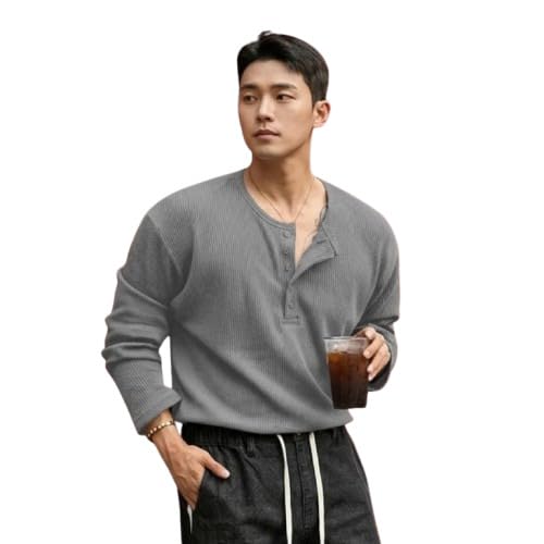 Image of Men's Textured Fabric Solid Color Basic Half-Open Collar T-Shirt, Fall Long Sleeve Men Shirt | Tshirt for Men