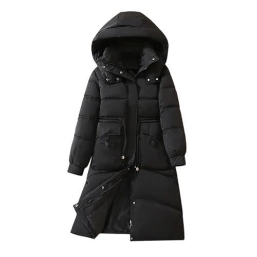 Parka con capucha de longitud media para mujer, abrigo con cremallera y cintura ajustada, chaqueta gruesa y cálida para otoño e invierno, Negro, S