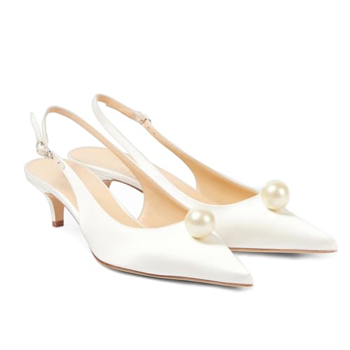 Goolita Pearl Kitten Heels for Women, Closed Pointed Toe Slingback Heels with Buckle Sexy Evening Party Wedding Pumps Shoes2