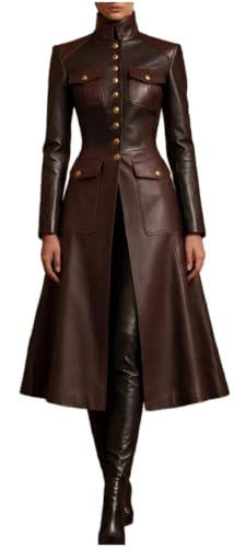 Trench-coat en cuir long pour femme haut de gamme et col montant militaire