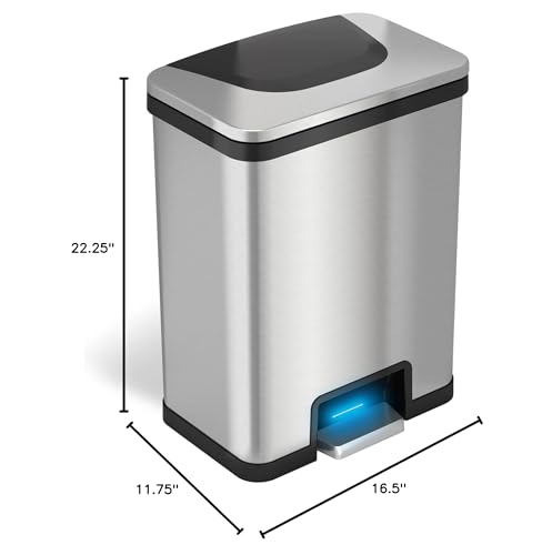 Image of iTouchless AutoStep Step Sensor Trash Can with Odor Filter System, 13 Gallon, Kitchen Garbage Bin, Stainless Steel (No AC Adapter, Power by Batteries not Included)