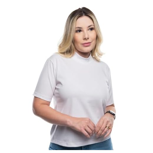 M. TSHIRTS, Camiseta Feminina Gola Alta Manga Curta Basica Lisa Tamanho:G;Cor:Branco