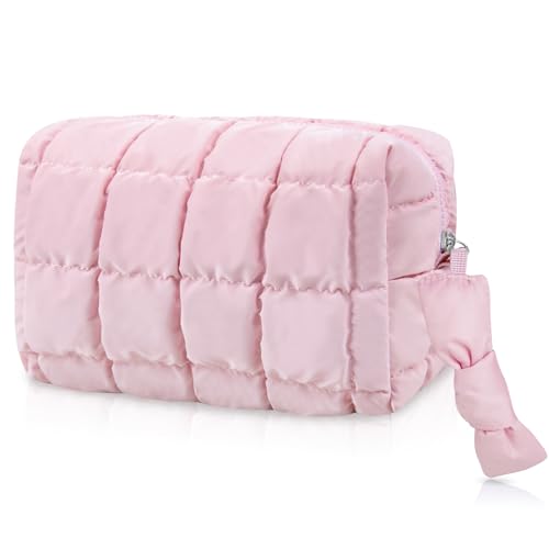 Quilted Cute Makeup Bag, Checkered Cosmetic Bags with Divider, Waterproof Travel Toiletry Bag, Puffy Make up Pouch for Women Travel Essentials (Bow, Pink, Medium)