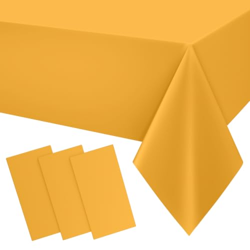 Image of Smiry Disposable Table Cloth 3 Pack, 54 x 108 Inch Waterproof Plastic Tablecloth, Decorative Rectangle Table Covers for Party, Birthday, Picnic, Mustard Yellow