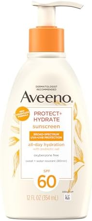 Aveeno Protect + Hydrate Sunscreen Moisturizing Body Lotion with Prebiotic Oat, Broad Spectrum SPF 60, Paraben, Oxybenzone & Oil Free, Weightless, Water & Sweat Resistant for Sensitive Skin, 12 Fl Oz