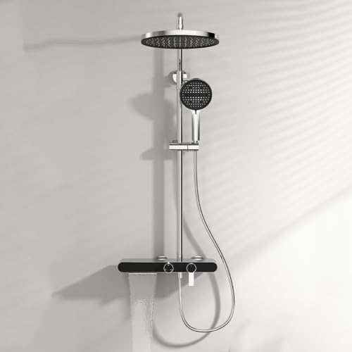 BiaoTeng Columna de Ducha con Grifo Cascada 4 Modos, agua Fría y Caliente en Laton Columna de Ducha Pared Redonda Cromado