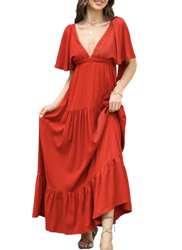 Image of Kikibell Women Summer Dresses Sexy V-Neck Maxi Dress Tiered Silhouette with Flutter Sleeve Backless Elastic Waist Flowy Dress