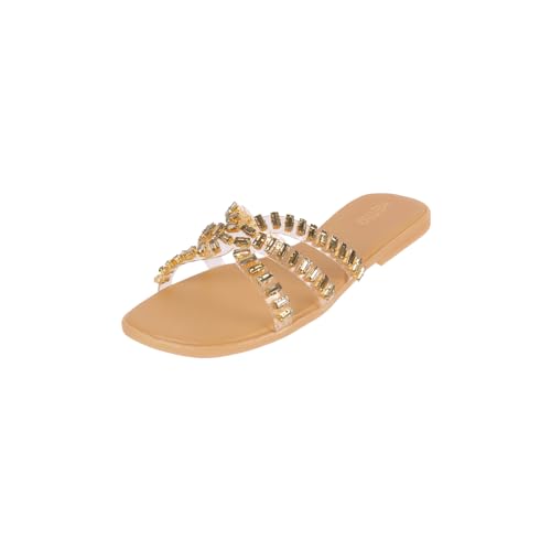 Metro Women's Beige Crystal Embellished Comfort Flat Sandals | Slip On Casual Footwear | Lightweight Comfort | Dailywear slip ons | Casual | Stylish | Comfortable Wear | UK 4