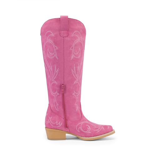 DREAM PAIRS Womens Cowboy Boots Comfortable Cowgirl Knee High Boots Pull On Side Zipper Chunky Heel Embroidered Western Boots,Size 9,Hot Pink,DWUMKB2502