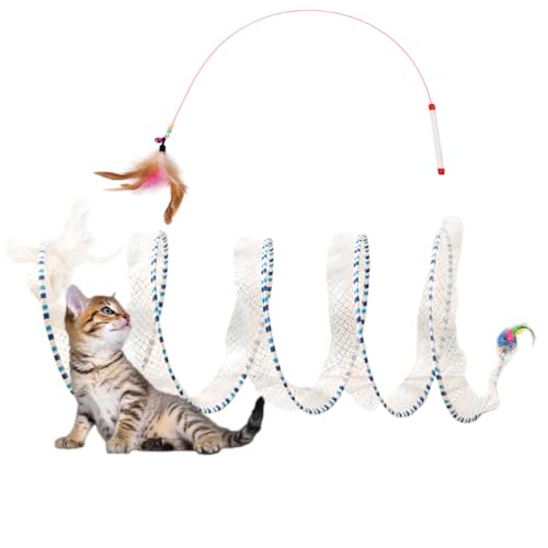 Spiral Tunnel Cat Toy 25.59 Inches Unfolded with Cat Wand Self Play Collapsible Hunting Spiral Tunnel with Feather Mouse Toys and Bell for Indoor Kitten Play Chase Exercise (Blue)