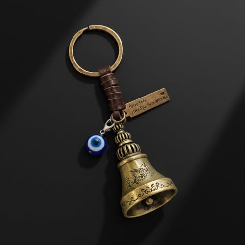 Image of Guardian Bell For Bike Keychain with Leather Strap & Evil Eye Charm | Drive Safe I Need You Here With Me Tag | Antique Brass Lucky Bell Keyring for Bike Car Scooter | Gift for Men Riders