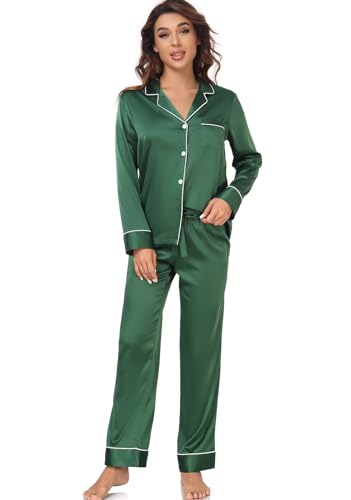 Image of Serenedelicacy Women's Satin Pajama Set Long Sleeve Button Down Sleepwear 2-Piece Silky Pj Set