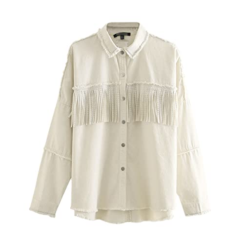 Veste en jean blanc femme grande taille coupe confortable effilochée manches longues XS