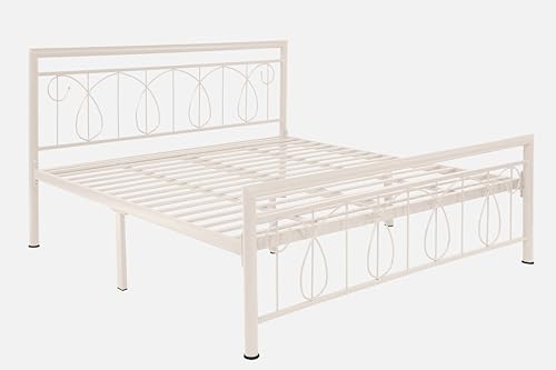 Image of Kovu Metal King Size Bed Without Storage | Wrought Iron Double Bed with Headboard & Footboard | Sturdy Powder Coated Platform Bed King Size Cot for BedroomLivingRoom Ivory (75x72)