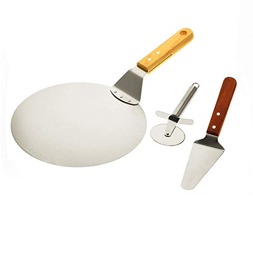 Pizza Peel Stainless Steel Pizza Paddle 10 inch, 3 Pieces Wood Handle Wheel Cutter Transfer Shovel Baker Tools for Baking Pizza and Cake on Oven & Gril