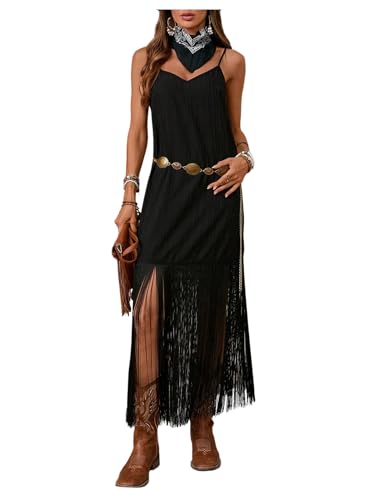 BEAUDRM Women's Boho Fringe Cami Dress Tassel V Neck Sleeveless Western Cowgirl Maxi Dresses Party Club Outfits Black Small