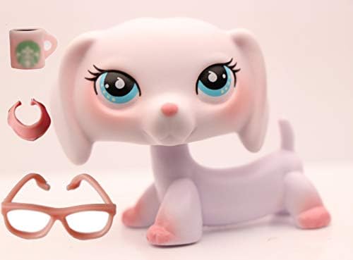 lpsloverqa Peach Dachshund White and Pink Blue Eyes Dog Puppy Collectable Bobble Figure with Accessories Kids Boys Girls Gift Set (White and Pink)