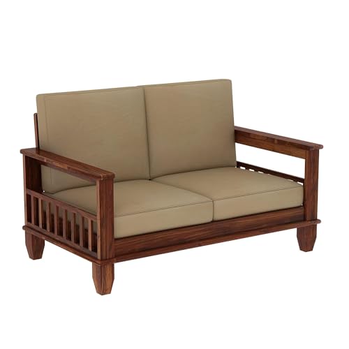 Image of Solid Sheesham Wood 2 Seater Sofa with Pocket Storage | Multipurpose Wooden Two Seater Sofa Chair with Cushion for Living Room, Home & Office (Natural Finish) | 1 Year Warranty