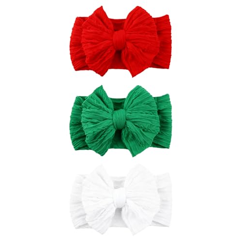 chiduerm 3 Pcs Christmas Baby Bows Headbands Soft Nylon Hairbands Super Elastic Headband Hair Accessories For Baby Girls Infant Toddler Essentials (Red Green White Mid)