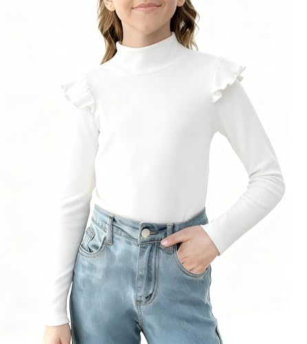 Image of Girls Ruffle Long Sleeve Mock Neck Tops Basic T Shirt Kids Fall Winter Tops Active Layer Shirts