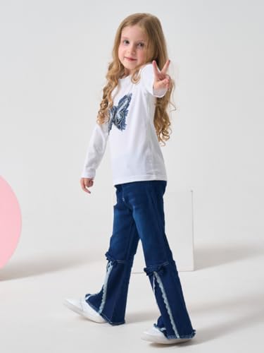 Image of Toddler Girl Clothes Long Sleeve Cartoon & Letter Graphic Top + Fruit Stationery Print Flared Leg Pants