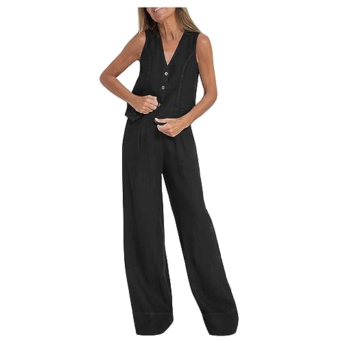 NUSGEAR Conjunto Dos Piezas Mujer Casual Algodon Lino Camiseta sin manga y Pantalones Chaleco otoño Primavera Deportivo Suelto Traje Pijama Cómodo Conjunto Casa Moda Color sólido Chandal ligera 2024