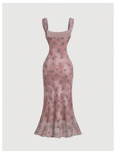 Image of Floerns Women's Rose Floral Print Mesh Midi Dress Fishtail Hem Vacation Bodycon Dresses
