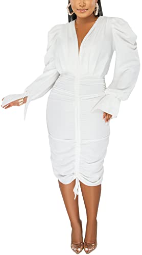 Women's Elegant Bodycon Long Dresses Deep V Neck Long Sleeves Club Night Party Midi Dress - Main Image