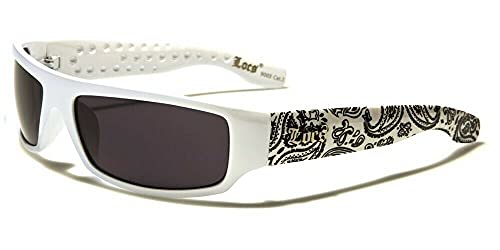 Locs Paisley Bandana Print Slim Rectangular Retro Wrap Around Sunglasses (White & White Bandana Frame, Black Lenses)