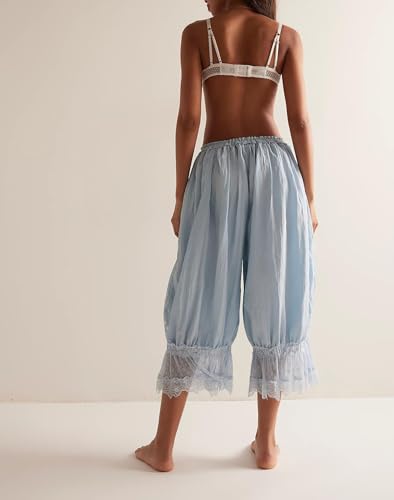 Image of KOSUSANILL Women Long Bloomer Pants Lace Trim Ruffle Pantaloons Cropped Lounge Pajama Bottoms Y2K Capri Pettipants