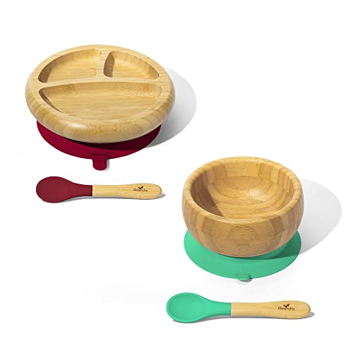 Image of Avanchy Bamboo Baby Feeding Bowl Green + Spoon and Bamboo Baby Feeding Plate Magenta + Spoon. Strong Suction Baby dishware