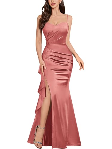 Miusol Women's Sexy Ruffle Split Style Satin Evening Formal Party Maxi Dress (Medium, Cinnamon Pink)