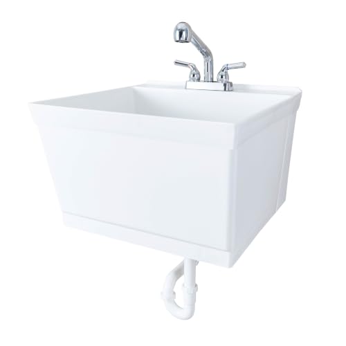Image of JS Jackson Supplies Tehila White Wall-Mounted Utility Sink Tub Kit with Chrome Finish Pullout Faucet, Wall-Mounted Utility Tub with Wall Bracket for Laundry Room, Garage, Workshop