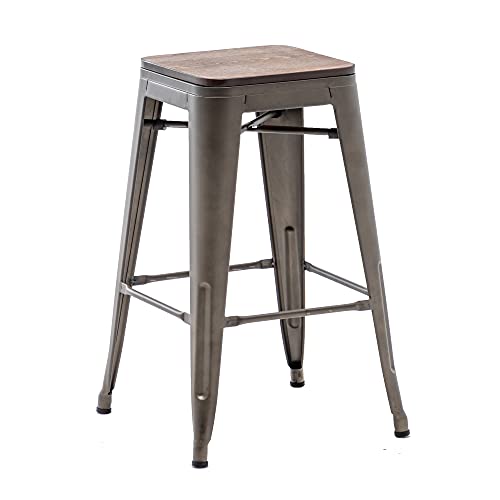 Changjie Furniture Bar Stools Set Of 4 With Wooden Seat Backless Barstools Industrial Counter Height Bar Stools Stackable For Kitchen (24 Inch, Bronze) #TOP4