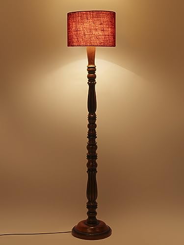 Image of Jute Modern Floor Lamp with Wooden Base - Height 56 Inches | Modern & Fashionable Standing Lamp for Living Room, Bedroom & Office | Stylish Home Decor Lighting in Elegant Maroon Shade
