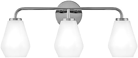 Lark Gio Three-Light Bath Vanity Fixture, Mount Up or Down, Cased Opal Geometric Shades, Chrome