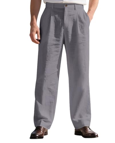 Mens Linen Blend Pants Straight Leg Loose Fit Summer Lightweight Breathable Trousers with Pockets