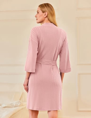 Image of Ekouaer Waffle Robes for Women Bathrobe Lightweight Knee Length 3 /4 Sleeve Knit Bath Robes Female Loungewear with Pockets